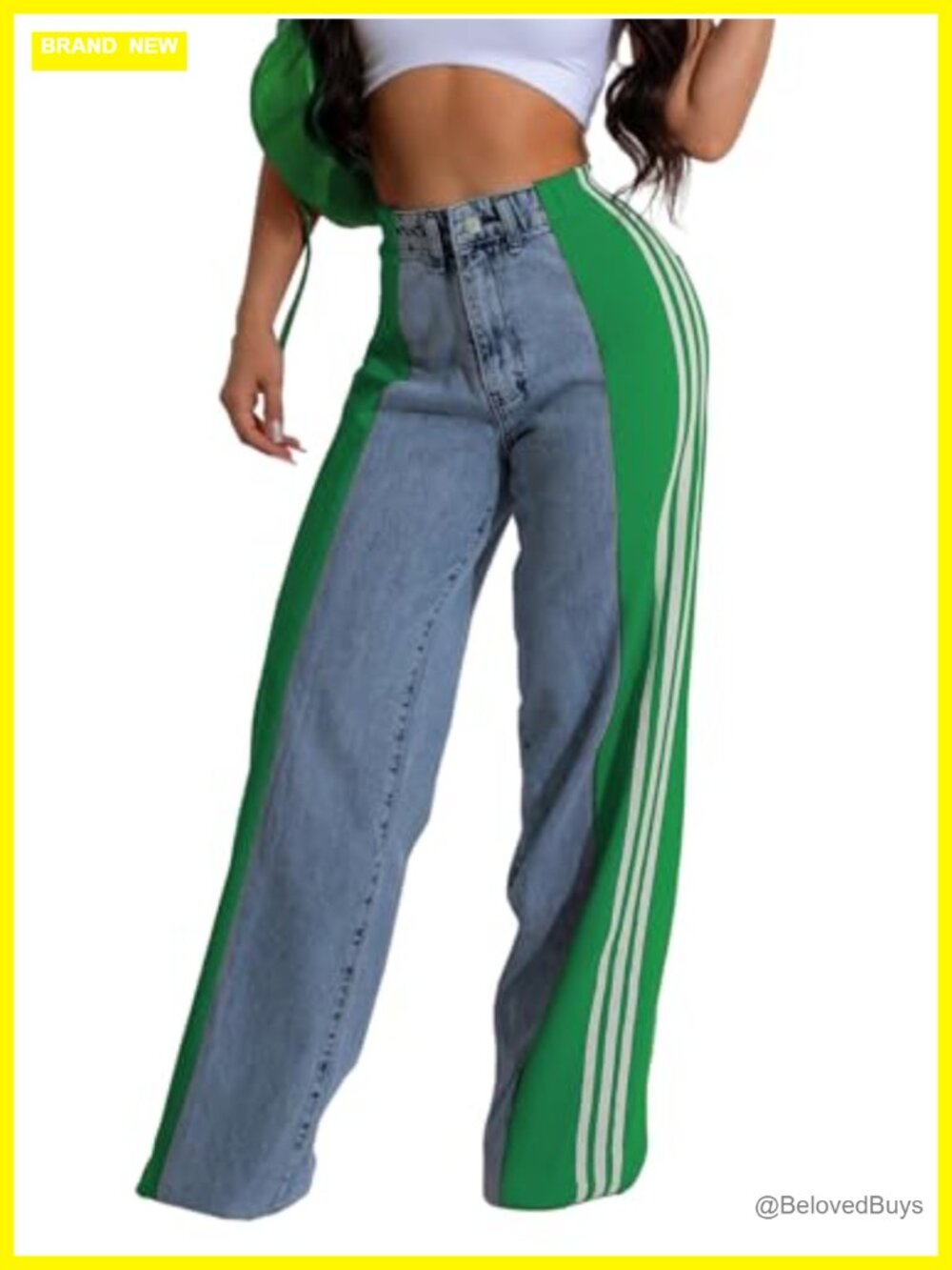 Two Tone Patchwork Striped Denim Color Block High Waist Wide Leg Jeans